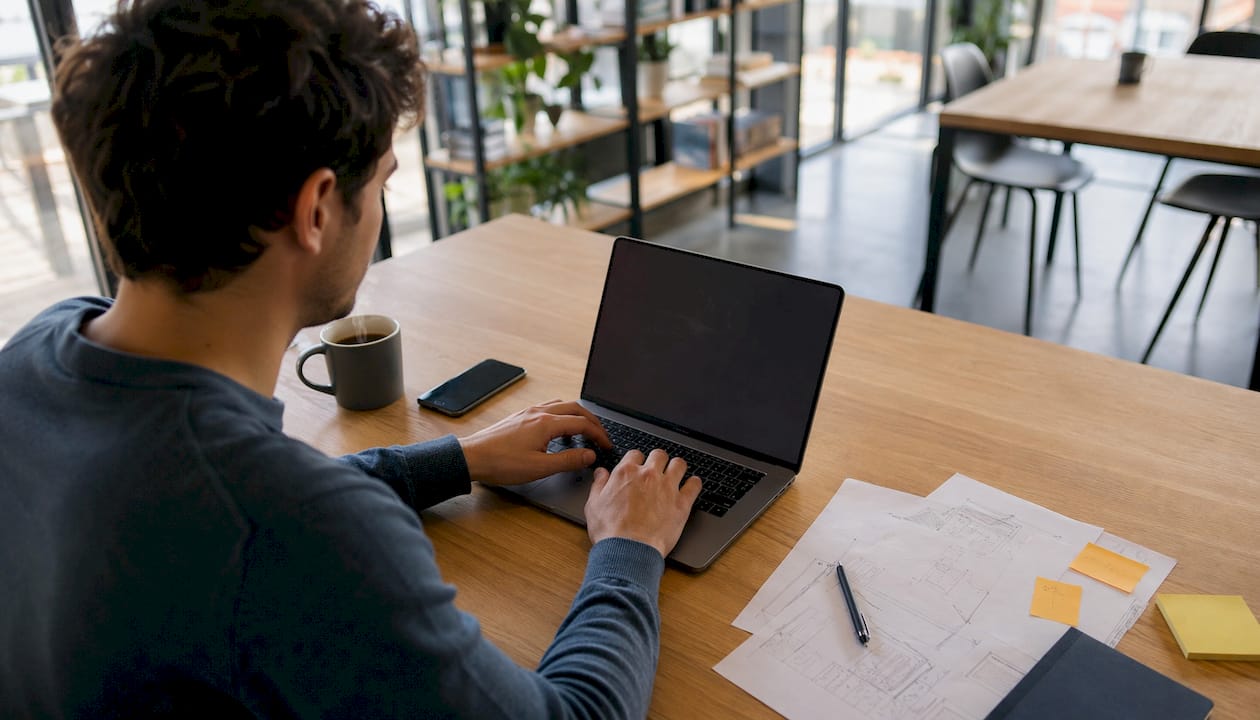 Primo piano delle mani di uno sviluppatore mentre lavora su un laptop con un software ERP open source.