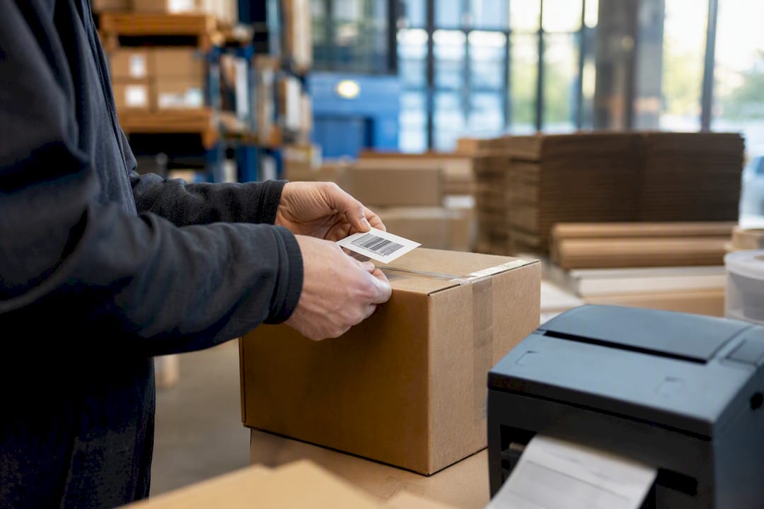 Mani che applicano etichette con codice a barre durante il confezionamento in magazzino