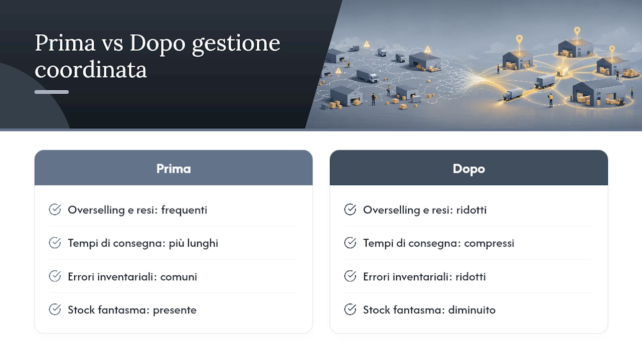 Infografica che confronta la riduzione degli errori di inventario in più magazzini