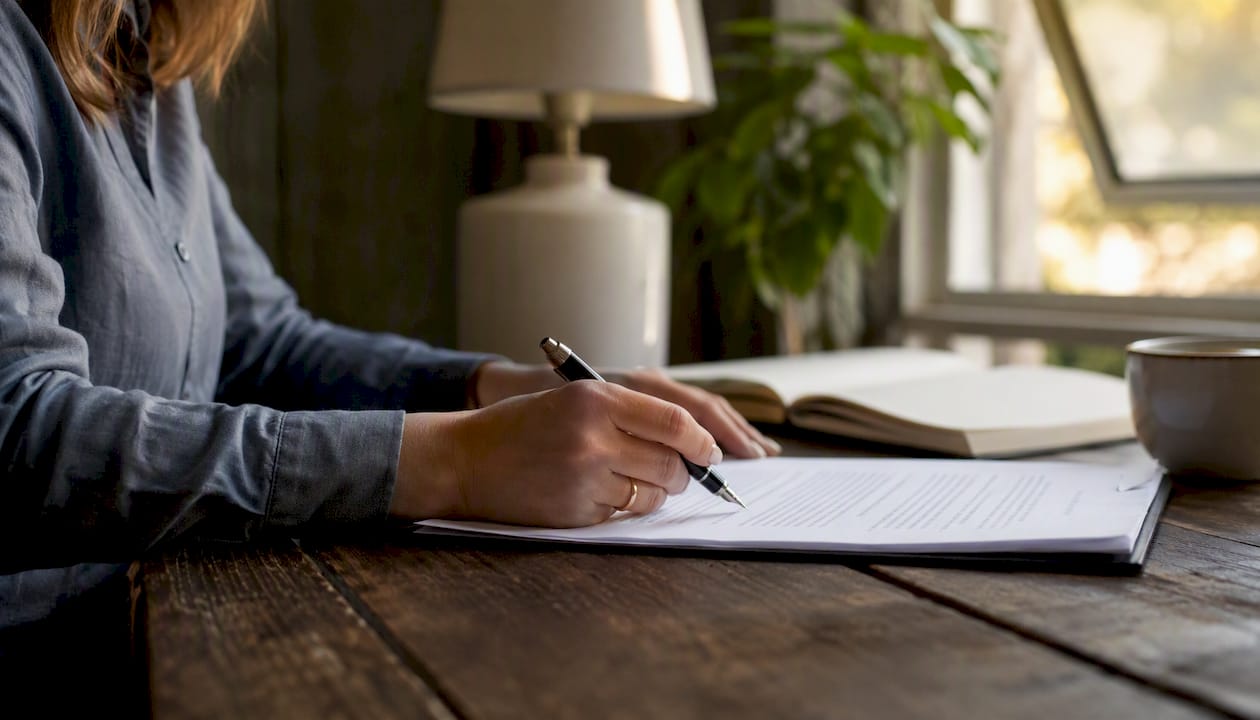 Firma di un contratto di lavoro: una mano che impugna una penna pronta a sottoscrivere il documento.