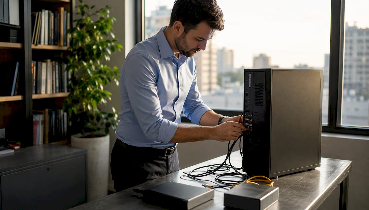 Mani al lavoro per collegare componenti hardware in un ambiente informatico