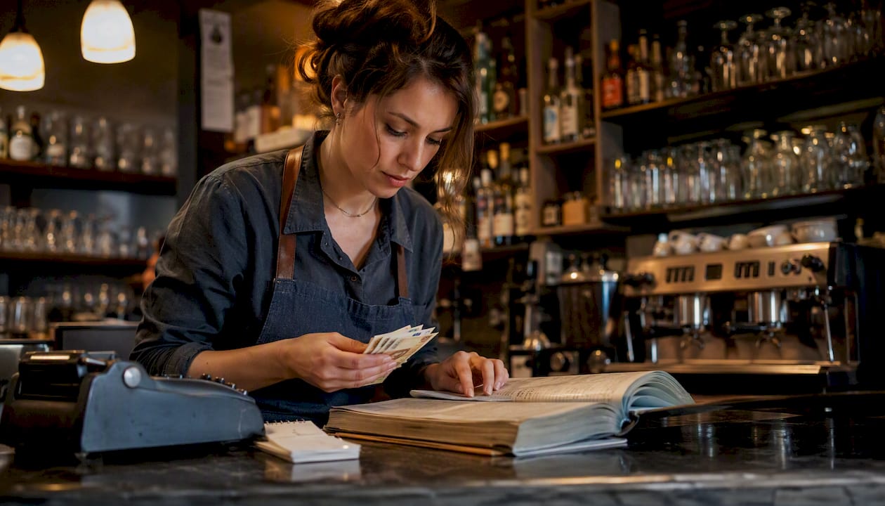 Il responsabile del bar sta passando in rassegna le spese mensili per tenere sotto controllo i costi.