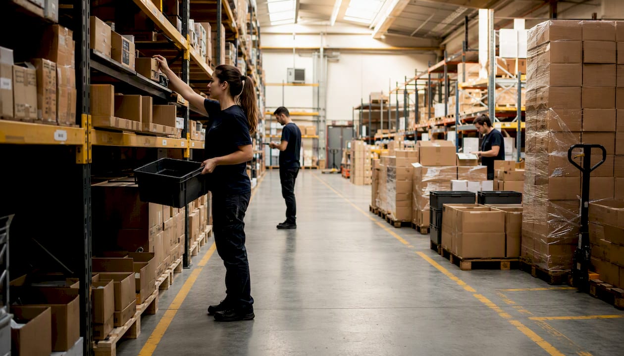 Gli addetti alla preparazione degli ordini lavorano suddivisi in diverse aree del magazzino.