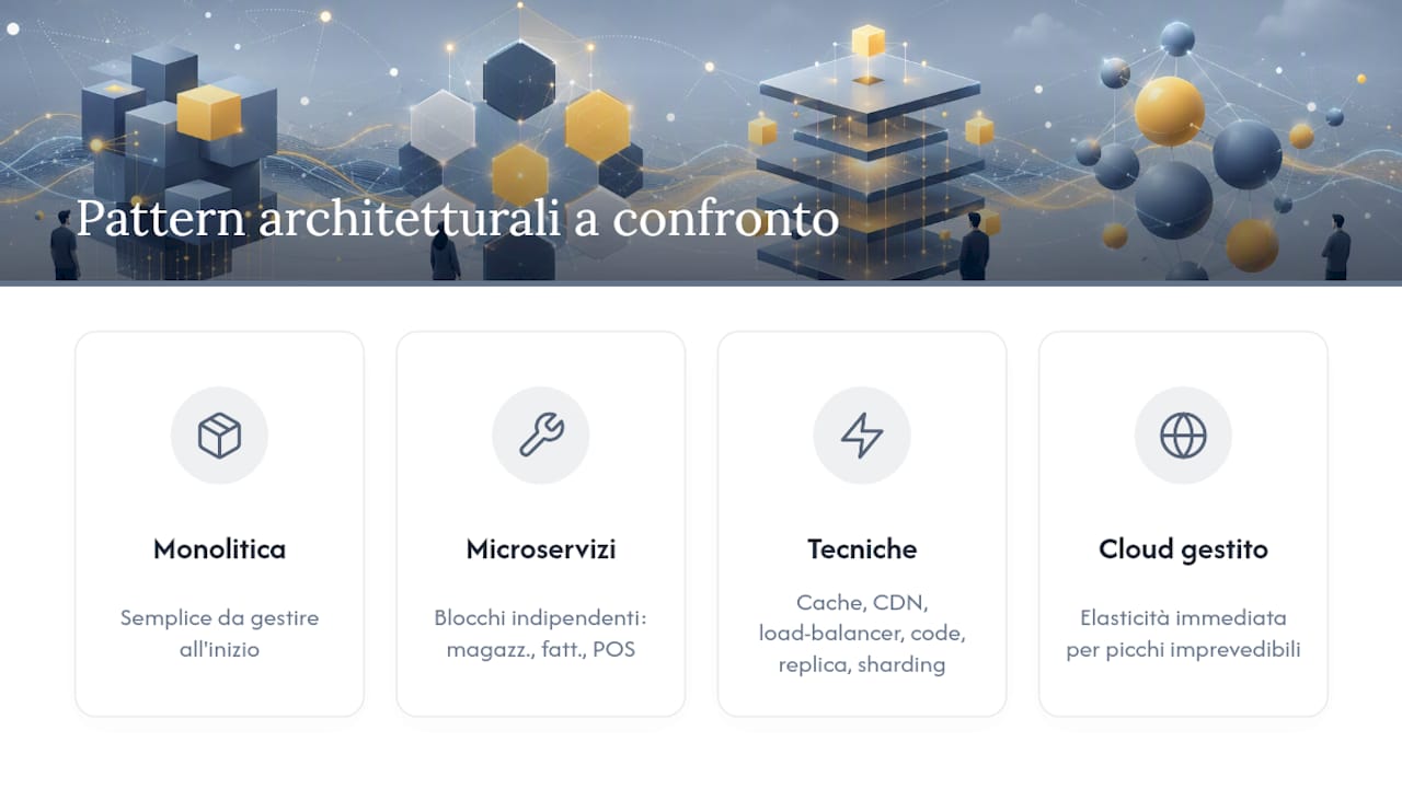 Pattern architetturali e tecnici che abilitano la scalabilità — overview diagram
