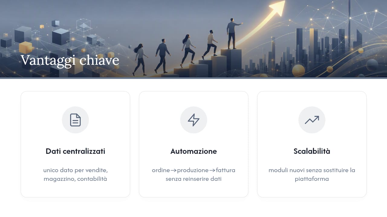 Schema dei vantaggi di dati centralizzati, automazione e scalabilità