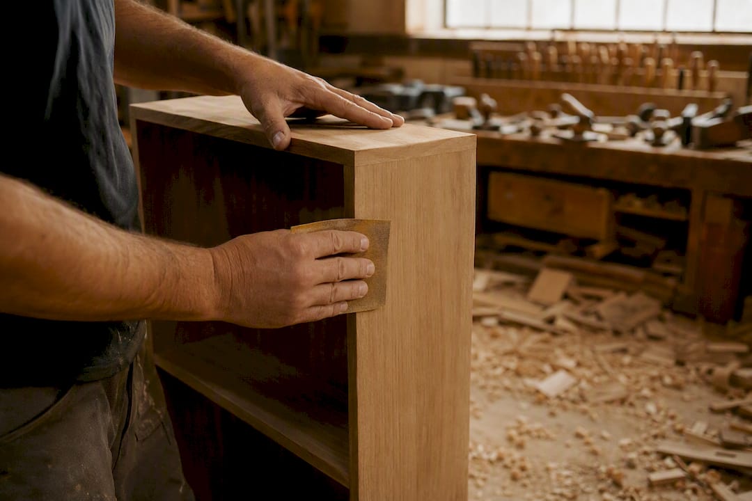 Mani che levigano una libreria artigianale in legno