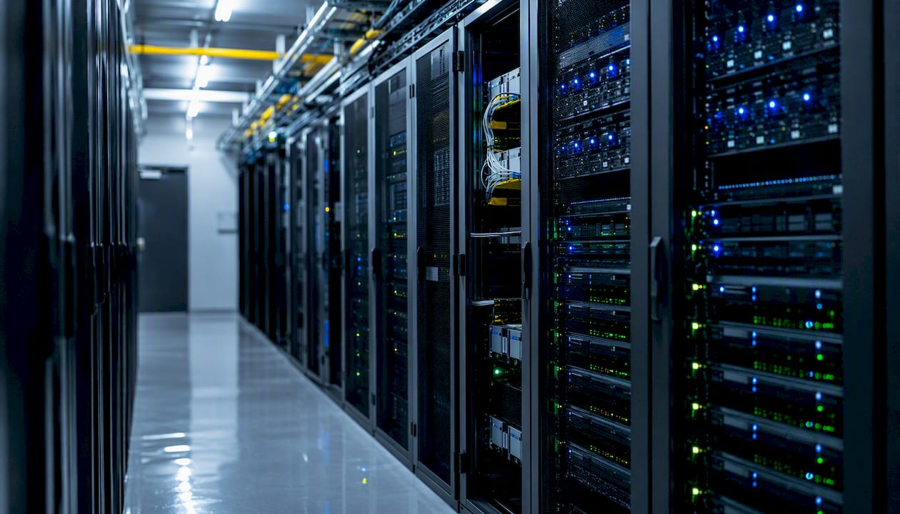 File di rack server allineati lungo i corridoi di un data center